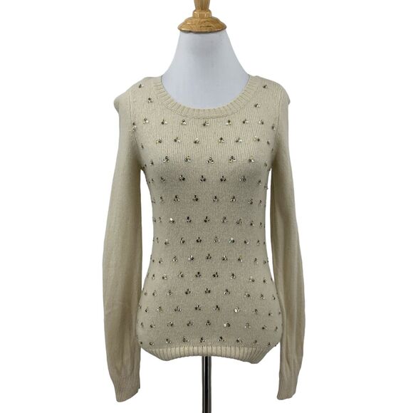 Saks Fifth Avenue Sweater Womens S Small Beige Cashmere Pullover Gold Beads Top - Picture 1 of 12